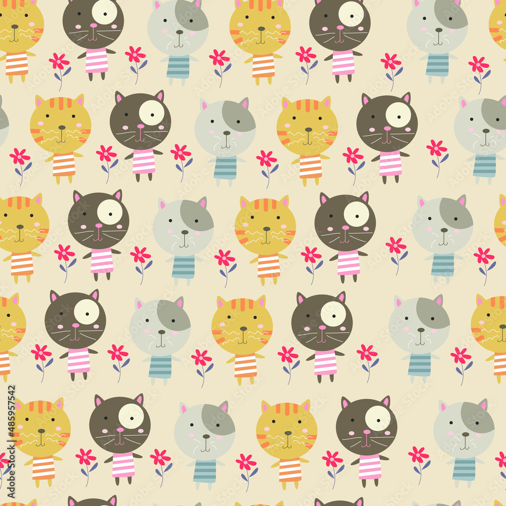 Seamless pattern with cute cat vector illustration