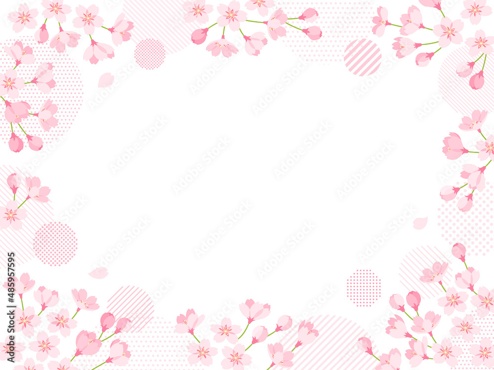 桜の花とドットとストライプ柄の円の飾りフレーム
