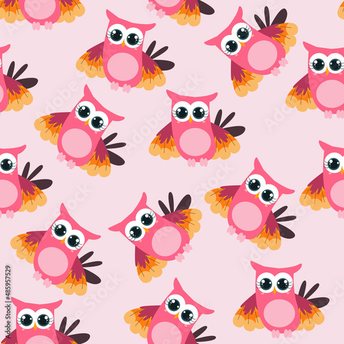 seamless pattern with colored owls in cartoon style