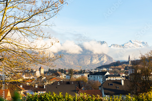Panoramic view of medieval town of Annecy in valley of French Alps