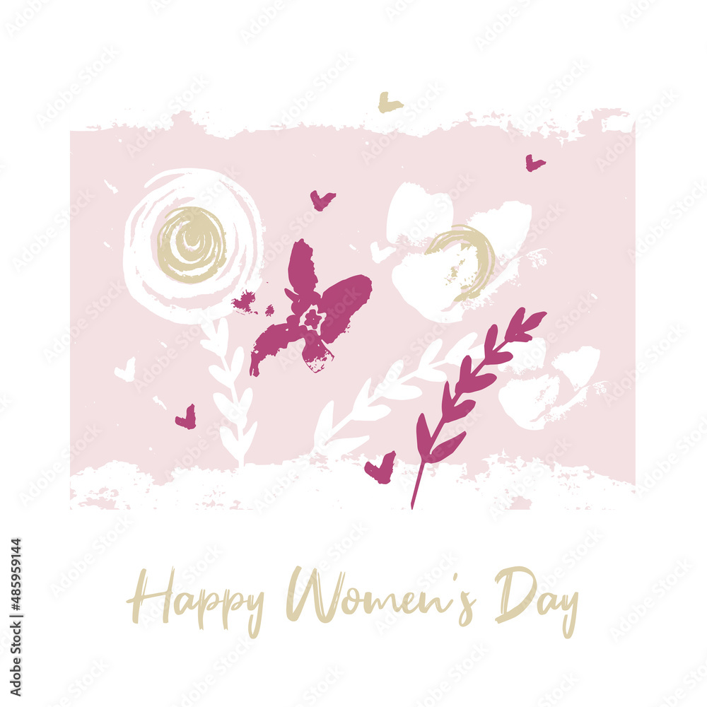 March 8 - women's rights and femininity day. International women's day. Greeting card, banner in the abstract artistic style. Bouquet of the spring flowers. Pink. Vector illustration.