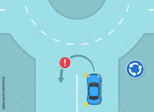 Traffic regulating rules and tips. Safety car driving. How to drive a roundabout. Incorrect u-turn scene. Flat vector illustration template.