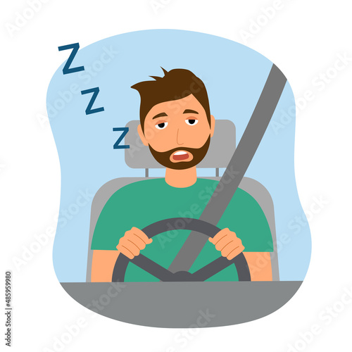 Young man sleepy while driving car in flat design on white background. Tired and fatigued driver concept.