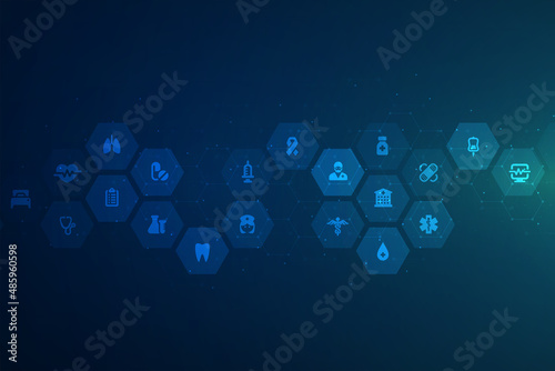 Healthcare concept with flat icons and symbols. Used for design healthcare, science and medicine background