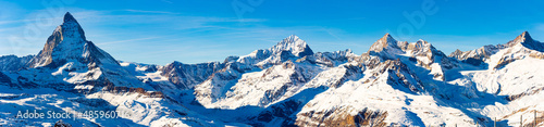 Panoramic view to the majestic Matterhorn mountain in winter  Valais  Switzerland