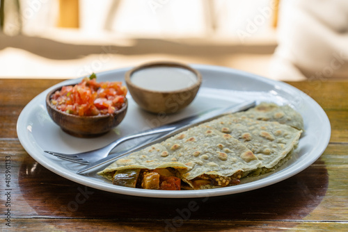 Quesadillas from spiruline tortilla with cashew cheese, eggplant, tomatoes and sour cream and tomato salsa