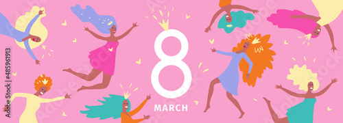 March 8. Horizontal background for international women's day. Concept. Women's rights and femininity day. Greeting card, banner for sale and promo. Beautiful happy woman with crown and eight. Vector.