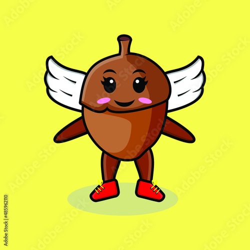 Cute cartoon acorn character wearing wings in modern style design for t-shirt, sticker, logo element, poster