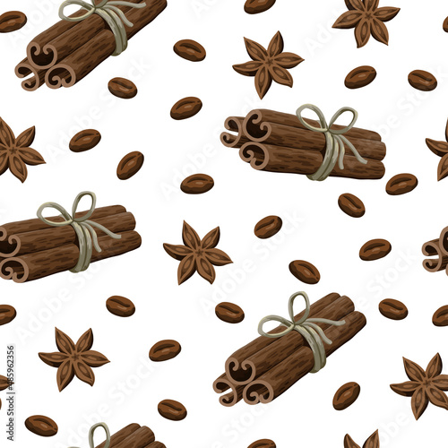 Seamless pattern with coffee, star anise and cinnamon sticks.