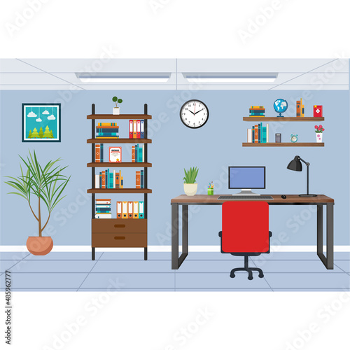 Modern style office workplace with wooden rack,  computer on table with revolving chair. Flat vector illustration
