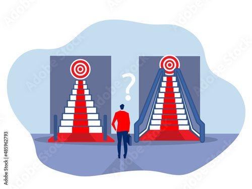 Businessman standing for decision direct way between Escalator Stairway Electronic with stair leadership concept vector