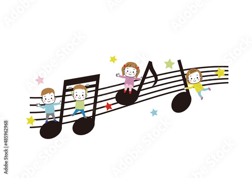 五線譜と音符で遊ぶ子供たち