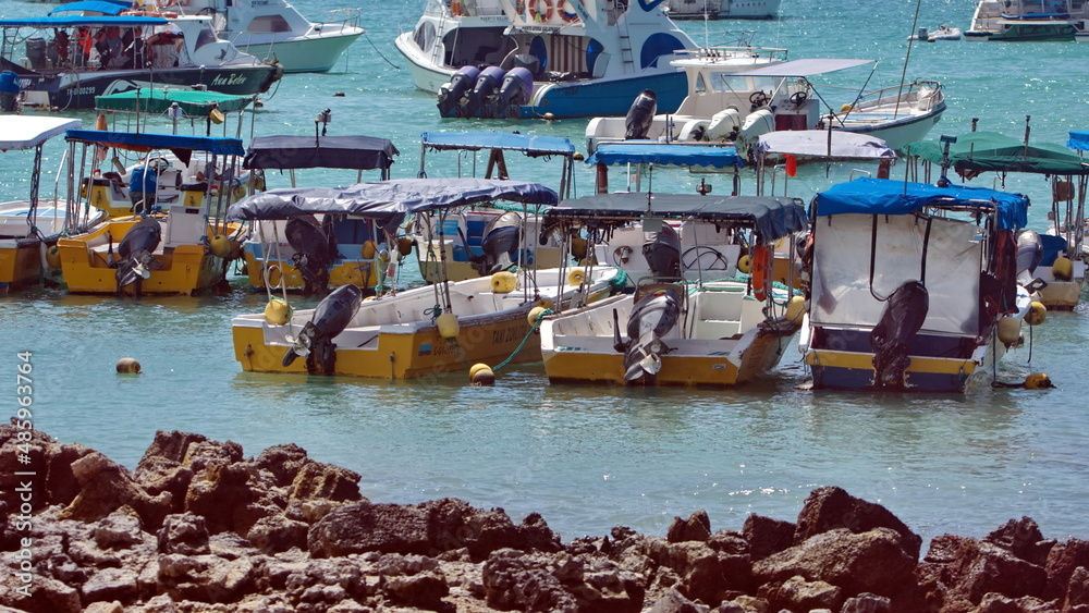 Row of water taxis in the harbor in Puerto Ayora, Santa Cruz Island, Galapagos, Ecuador