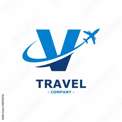 Abstract letter V with plane and airline logo vector design. Suitable for travel label, tourism, journey posters, flight company advertising, airways identity, and tech transportation