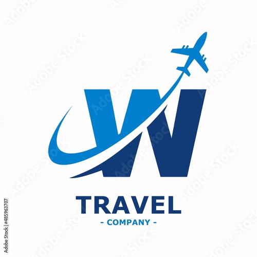 Abstract letter W with plane and airline logo vector design. Suitable for travel label, tourism, journey posters, flight company advertising, airways identity, and tech transportation