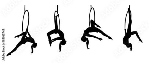 Aerial female gymnast silhouettes in hoop. Aerial gymnastics stunt. Vector illustration isolated on white background