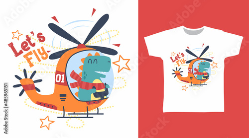 Cute dinosaur in helicopter cartoon tee designs concept