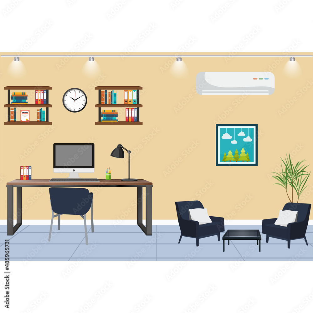 Stylish office workplace with latest computer on table and wooden bookshelf on wall . Flat vector illustration Stylish office workplace with latest computer on table and wooden bookshelf on wall . Flat vector illustration