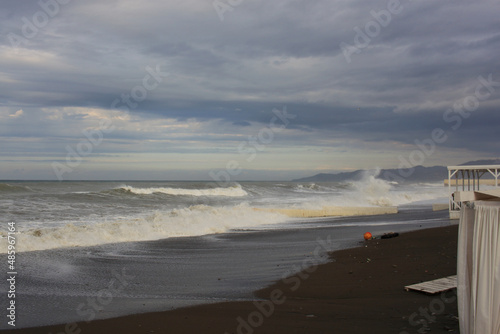 Storm on the Black Sea on the Riviera beach in the city of Sochi