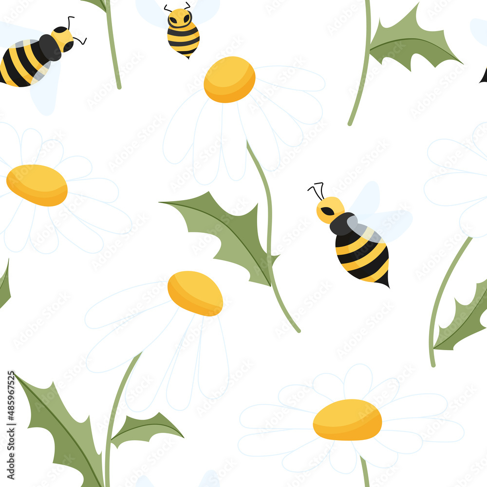Bee and camomile seamless pattern. Bee and daisies in a kids pattern. Seamless is suitable for print, fabric, wrapping paper, bar and menu decoration.