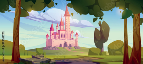 Pink magic castle on green hill, fairy tale palace with turrets and trees around scenery landscape. Rocky road lead to gates of medieval fantasy fortress under blue sky, Cartoon vector illustration