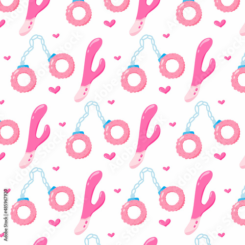  Vector seamless pattern with sex toys. Pattern for sex shop. Pattern with handcuffs and vibrators.