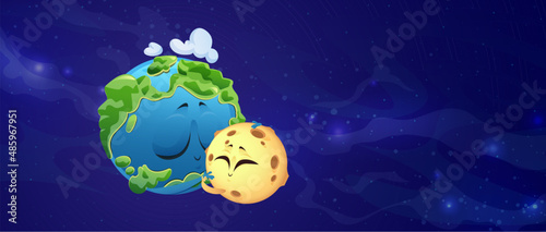 Cute planet Earth and Moon characters embrace in outer space. Vector cartoon illustration of hugs of funny green planet with clouds and satellite on background of cosmos and galaxy