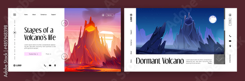 Banners of active and dormant volcanoes. Vector landing pages of volcanic stages with cartoon illustration of mountain with flows of hot lava and smoke and rock with crater at night photo