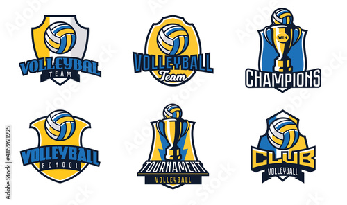 Set of logos, emblems of volleyball. Colorful collection of volleyball emblems. Logo template for sports tournaments, sports leagues, championship, champion cup, club, ball. Vector illustration