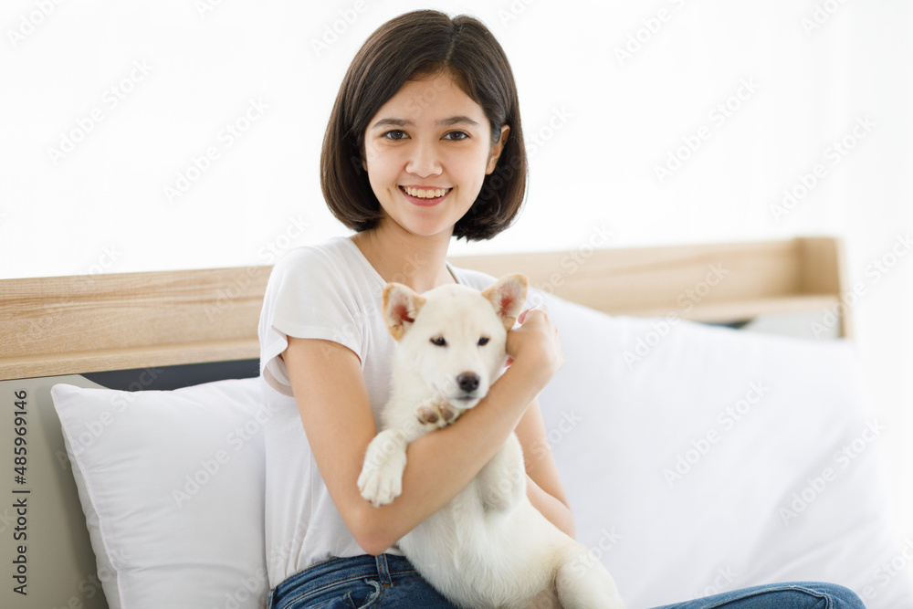 Portrait closeup shot of Asian young happy pretty teenager girl in casual outfit sitting leaning at pillow smiling look at camera on bed holding hugging white small Shiba Inu puppy dog in bedroom Portrait closeup shot of Asian young happy pretty teenager girl in casual outfit sitting leaning at pillow smiling look at camera on bed holding hugging white small Shiba Inu puppy dog in bedroom