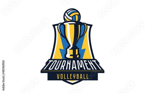 Volleyball tournament logo, emblem. Colorful championship emblem with cup and ball against shield background. Volleyball cup sports tournament logo template. Isolated vector illustration