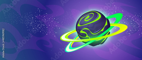 Fantasy alien planet with rings in outer space. Vector cartoon illustration of magic world, asteroid or planet with spiral texture surface on background of cosmos with stars © klyaksun
