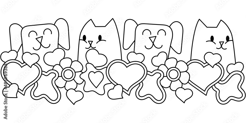 Fototapeta premium Cute kawaii animals coloring book page, pets flowers and hearts. Horizontal Border for greeting card. Vector