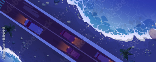Top view of sea isthmus with car road at night. Vector cartoon illustration of aerial view of tropical landscape of land bridge with sand beach, palm trees and asphalt highway with vehicle