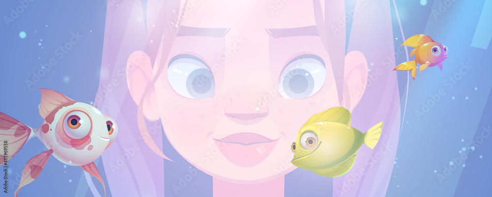 Girl watching at cute fish in aquarium. Vector cartoon illustration of ...