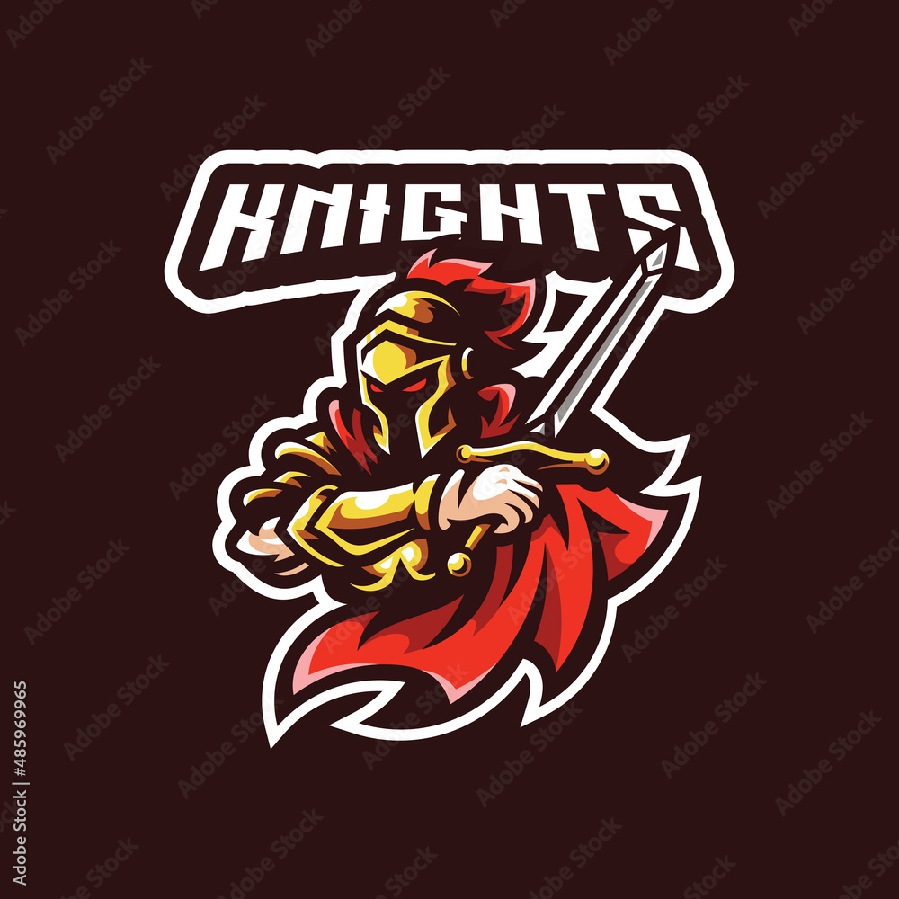 Modern knight logo design for esport sport team mascot. Half body armor, sword and robe or cloak vector icon
