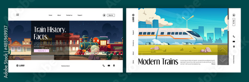 Train history banners with vintage steam engine and modern speed subway. Vector landing pages with cartoon illustration of city landscape with railway and western town with vintage train