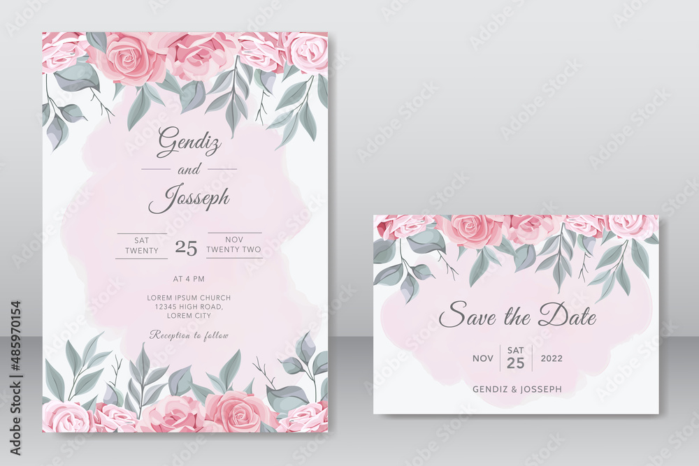 Obraz premium Beautiful wedding invitation with pink floral template