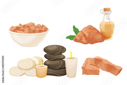 Set rolled towels, spa stones tower, aroma candles sandal wood sticks, oil and powder in cartoon style isolated on white background. Relax, wellness concept.