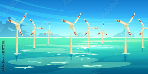 Offshore wind farm with turbines standing in sea. Vector illustration of alternative power generation, sustainable energy resources. Cartoon ocean landscape and windmills in water