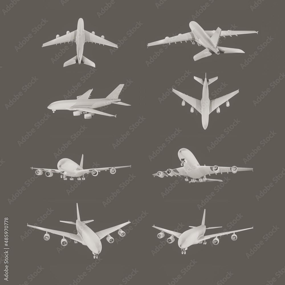 3d set of Airplane render from different angles for vfx, animation movie and video game projects