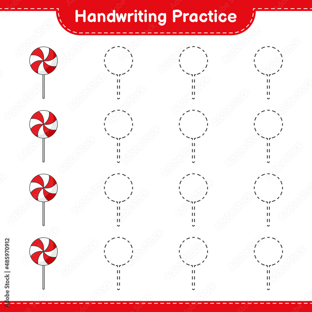 Handwriting practice. Tracing lines of Candy Educational children game, printable worksheet, vector illustration Handwriting practice. Tracing lines of Candy Educational children game, printable worksheet, vector illustration