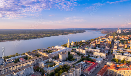 Aerial top view panorama city Perm and Kama river Russia  sunset drone photo