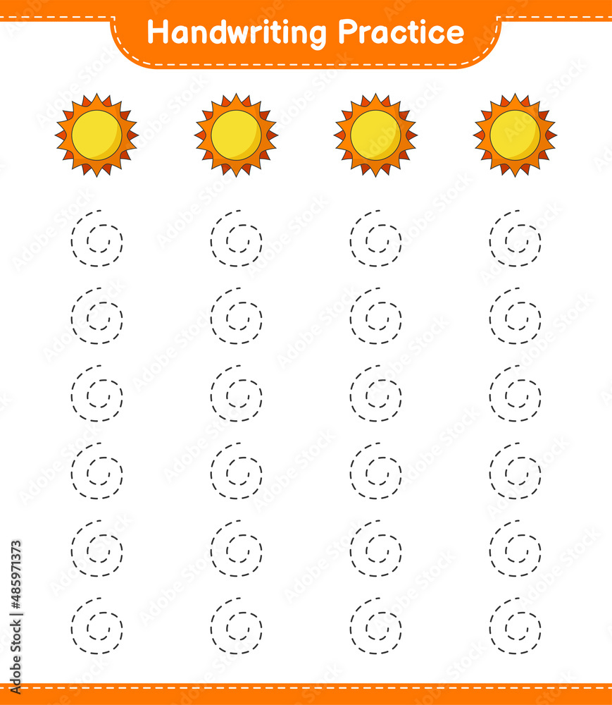 Handwriting practice. Tracing lines of Sun. Educational children game, printable worksheet, vector illustration Handwriting practice. Tracing lines of Sun. Educational children game, printable worksheet, vector illustration