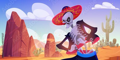 Skeleton mariachi musician in wild west desert landscape with sand, rocks and cacti. Dia de los muertos Mexican Day of dead cartoon character in traditional clothes and sombrero, Vector illustration