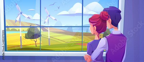 Man embrace girl and looking at window at rural landscape with fields and wind turbines. Vector cartoon illustration of couple standing in home and countryside with energy farm outside