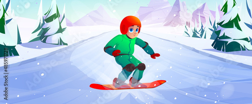 Boy rides on snowboard on downhill in mountains. Vector cartoon illustration of winter landscape with white slope, rocks, trees and child in helmet snowboarding