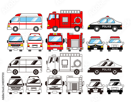 救急車　消防車　パトカー　緊急車両　ベクターイラスト