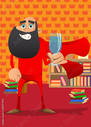 Funny cartoon man dressed as a superhero with a glass of water. Vector illustration.