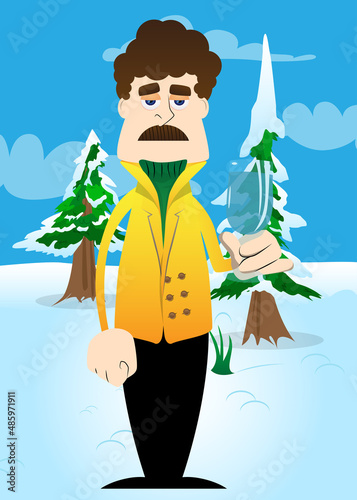 Funny cartoon man dressed for winter with a glass of water. Vector illustration.